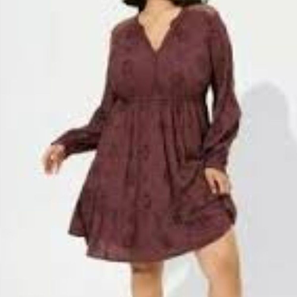 size 2 Torrid Burgundy Challis Eyelet Drop-Waist Mini Dress